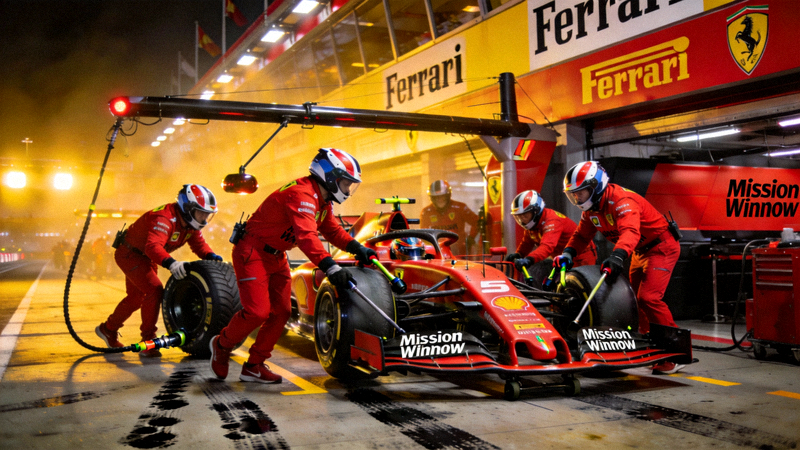 F1伊莫拉大奖赛维修区，法拉利车队技师正在为赛车更换轮胎