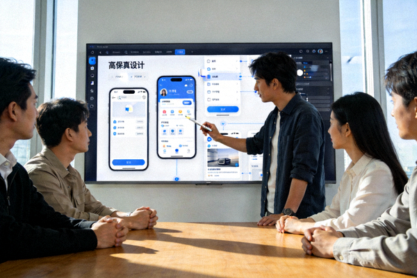 开云APP产品设计团队正在会议室评审手机应用界面原型，屏幕上显示着高保真设计稿