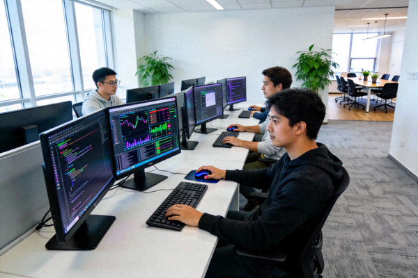 开云APP技术开发团队在开放办公区协作编程，多台显示器上显示着代码与系统监控图表