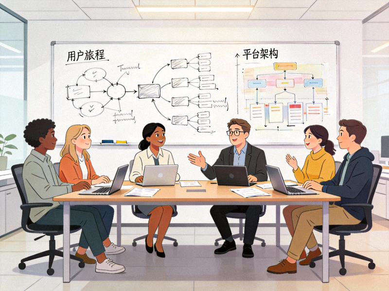 开云APP团队在现代化办公室中讨论产品策略，白板上画着用户旅程与平台架构图