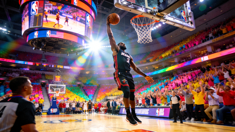 NBA篮球比赛场景，球员高高跃起准备扣篮，背景是清晰的篮筐与观众