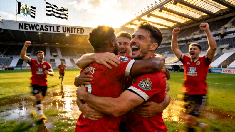 纽卡斯尔联队球员在圣詹姆斯公园球场拥抱庆祝胜利