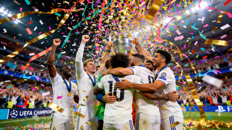 欧洲冠军联赛决赛后，夺冠球队球员相拥庆祝，彩带漫天飞舞