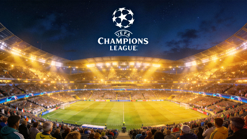欧洲冠军联赛标志与足球场夜景，灯光璀璨，气氛热烈