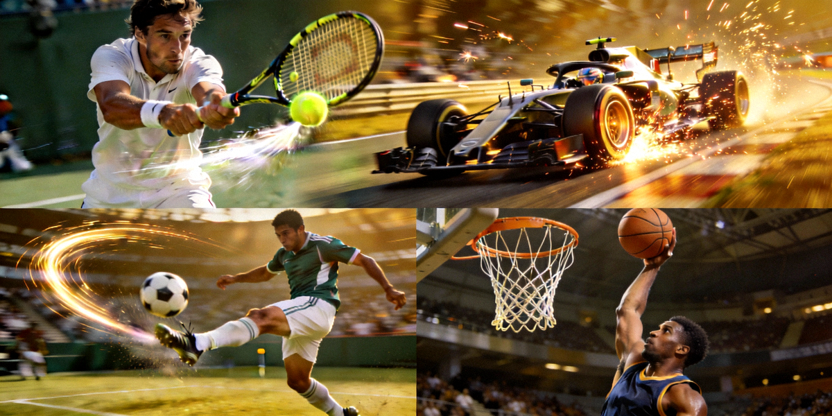 全球体育赛事精彩集锦合成图，包含网球击球、F1赛车飞驰、足球射门和篮球扣篮的瞬间