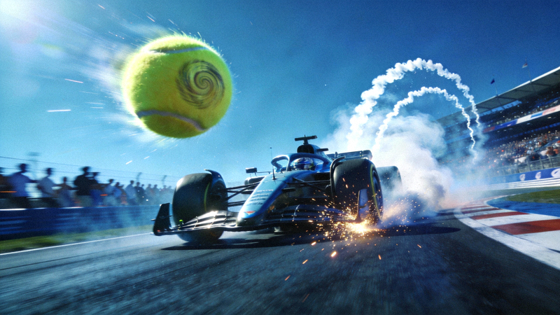 网球与F1赛车同框，展示不同体育项目的速度与激情