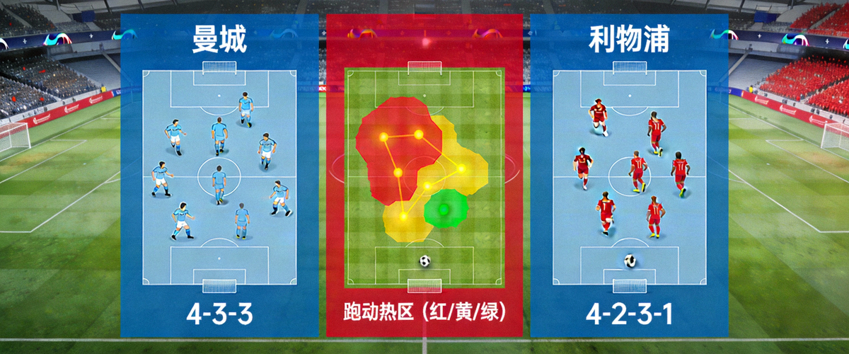 英超战术分析板示意图，展示曼城与利物浦的阵型对抗与跑动热区
