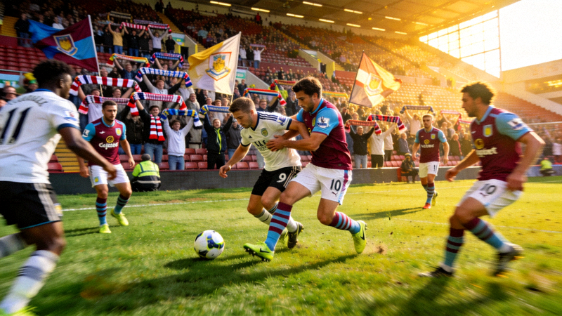 英超足球比赛精彩瞬间，球员在绿茵场上激烈拼抢，看台座无虚席